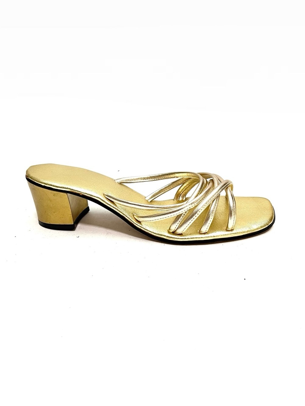 Vintage 1960s metallic gold vegan leather strappy open toe heeled formal sandals
